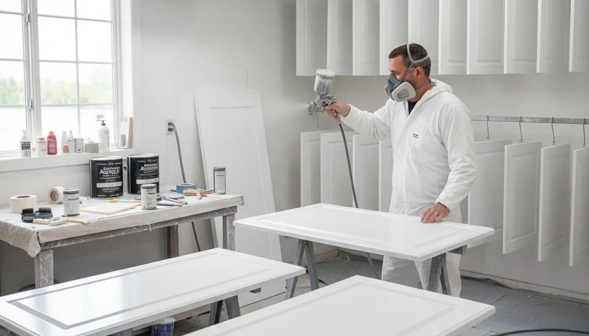 Professional cabinet painting process in Beverly, MA applying smooth, durable kitchen finishes