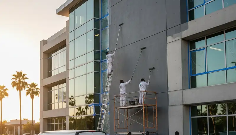 Professional commercial painters working on exterior business building in Beverly, MA