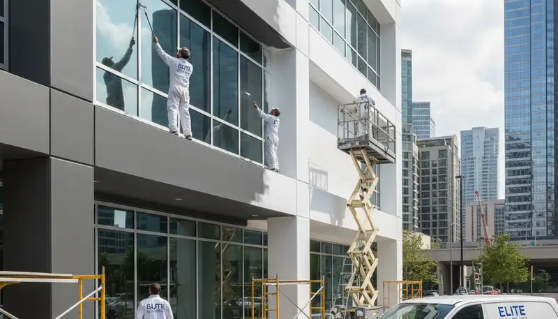 Professional commercial painters working on a Beverly MA business exterior for lasting coastal protection