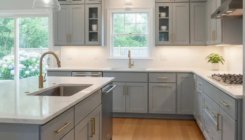 Refinished kitchen cabinets with smooth modern finishes by commercial painters in Beverly, MA