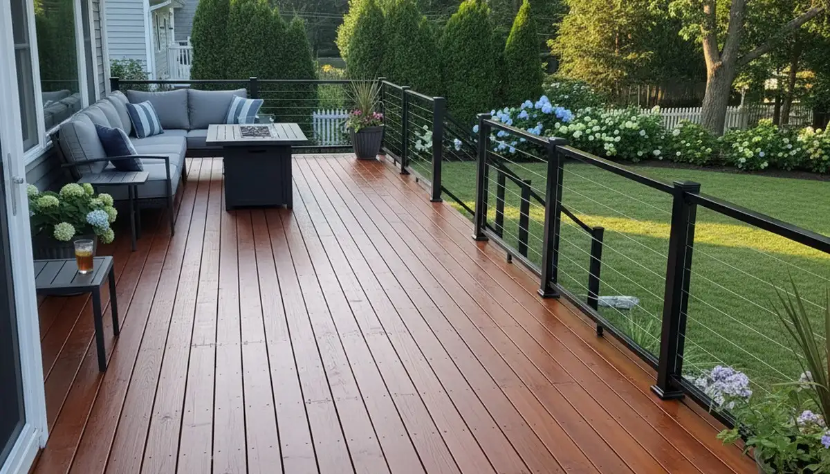 Finished deck staining in Beverly, MA showcasing rich wood tone and weather-protective professional finish