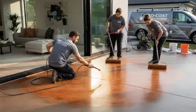 Professional concrete staining on residential driveway in Beverly, MA for durable decorative finish