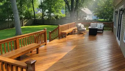 Professional deck staining in Beverly, MA protecting wood from coastal moisture and UV damage