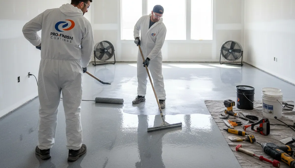 Epoxy floor coating in Beverly MA garage by professional house painters using durable finish