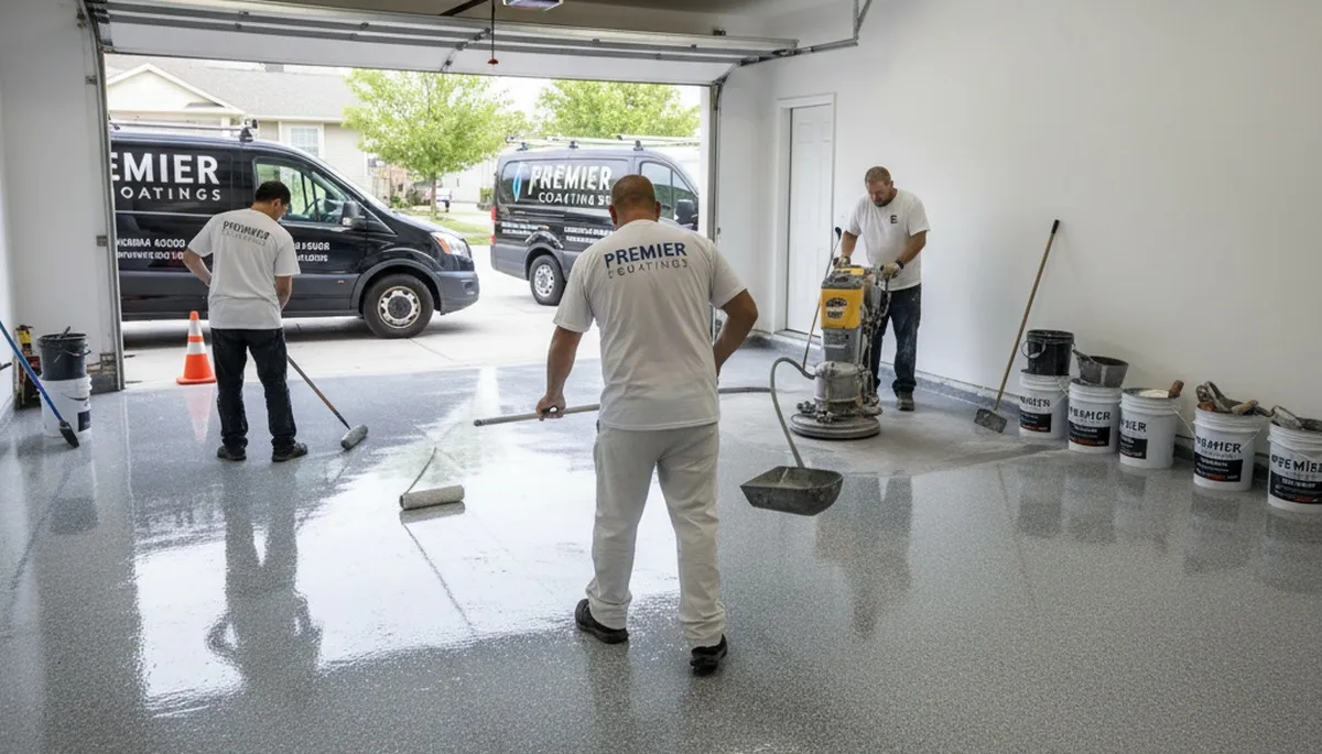Epoxy garage floor coating in Beverly MA with durable, glossy finish by local house painters