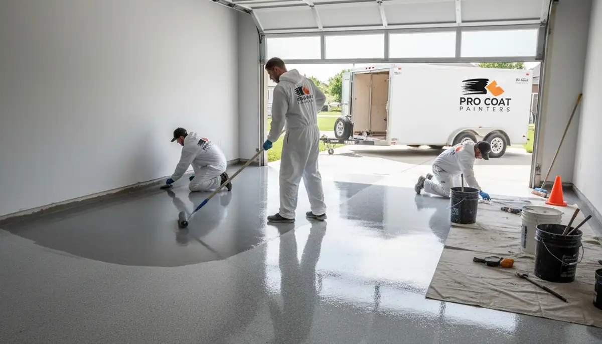 Epoxy garage floor coating in Beverly MA with durable, glossy finish by local painting contractors