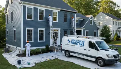Professional house painters working on exterior home in Beverly, MA