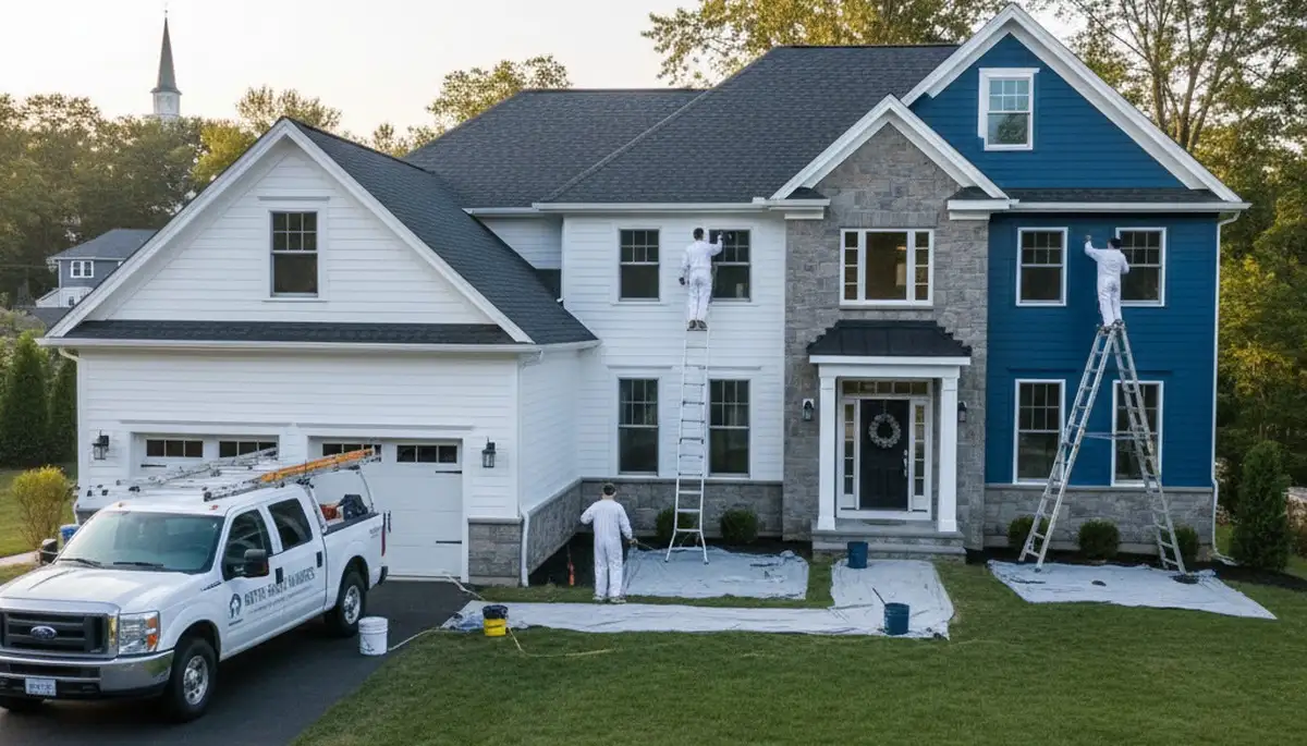 Professional house painter finishing exterior home in Beverly MA for paintingbeverlyma.com