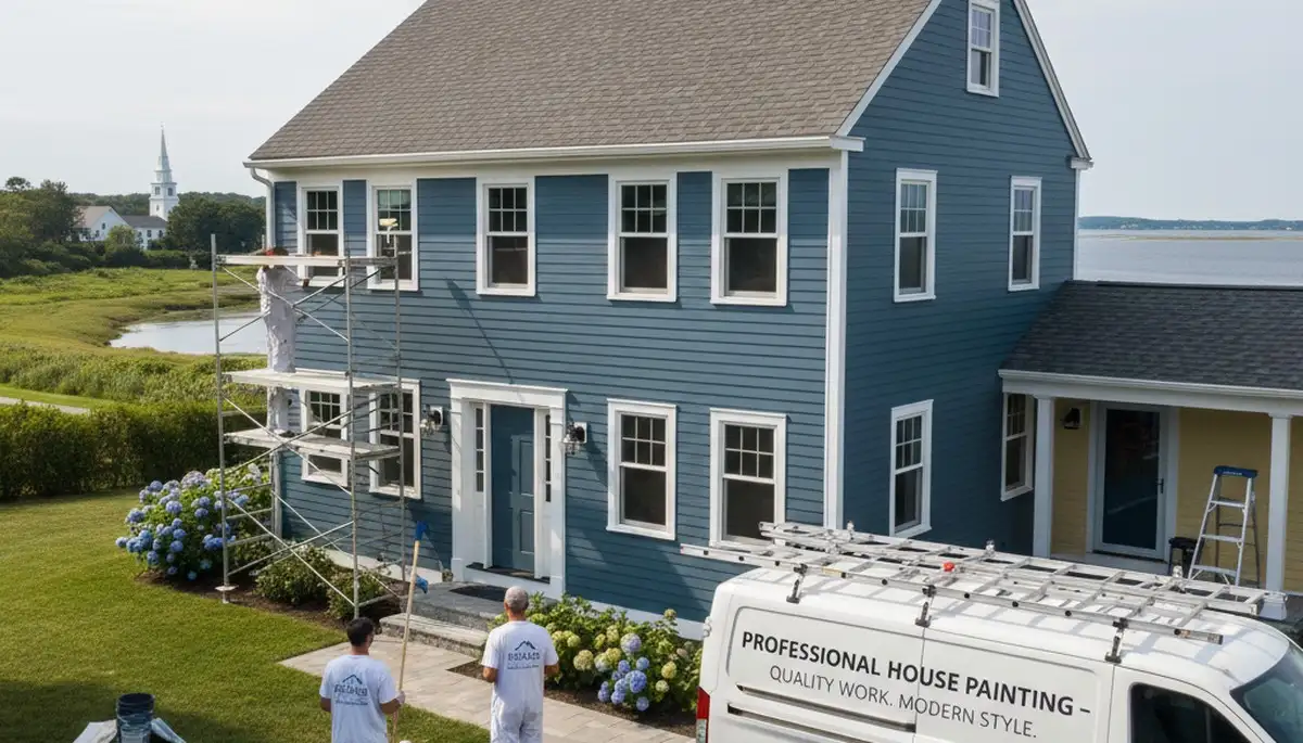 Professional house painters finishing exterior home painting in Beverly, MA