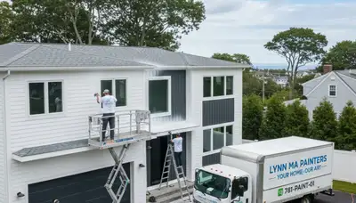 Professional house painters working on exterior home repaint in Beverly, MA