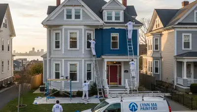 Professional house painters working on residential exterior in Beverly, MA