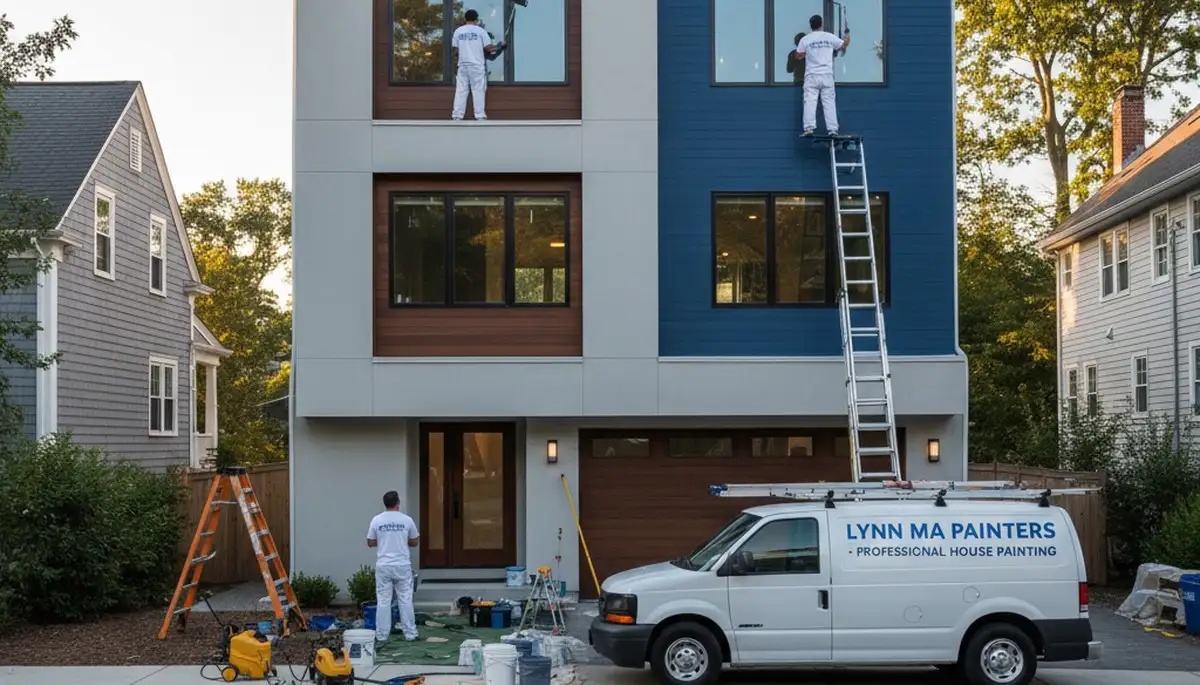 Professional house painters working on residential exterior in Beverly, MA