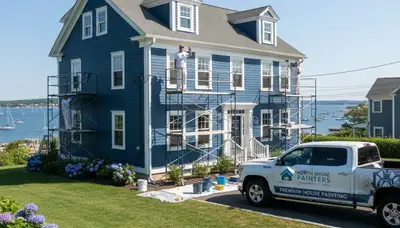 Professional house painters in Beverly MA applying exterior paint to a coastal home façade