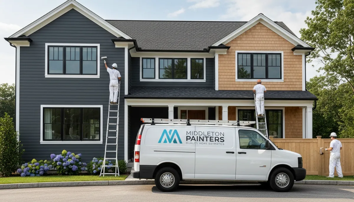 Professional house painters working on residential exterior in Beverly, MA