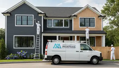 Professional house painters working on residential exterior in Beverly, MA