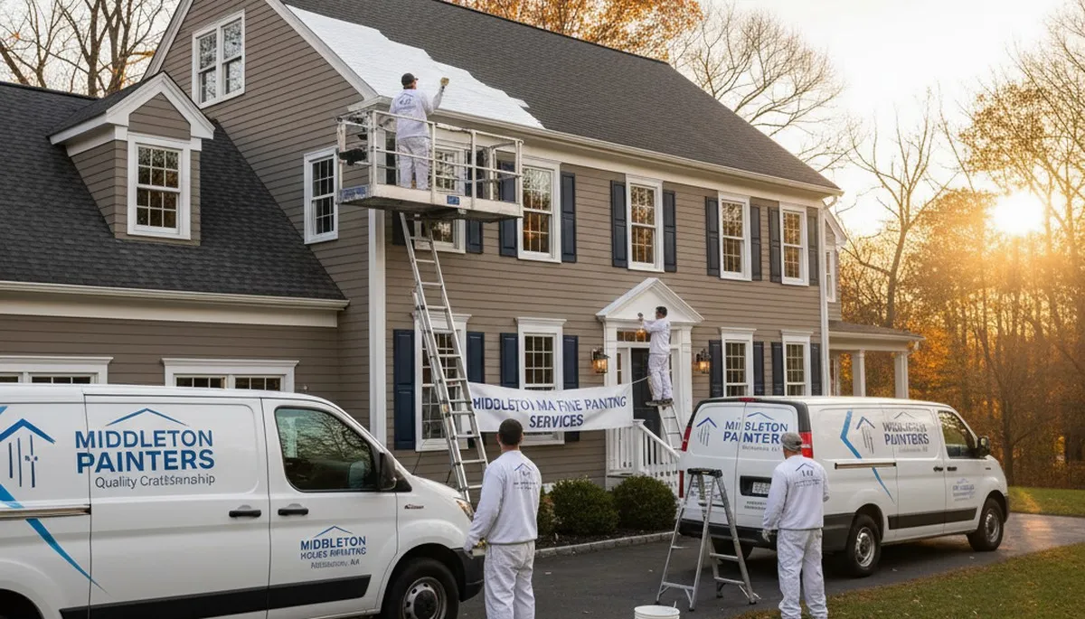 Professional house painters working on exterior home repaint in Beverly, MA