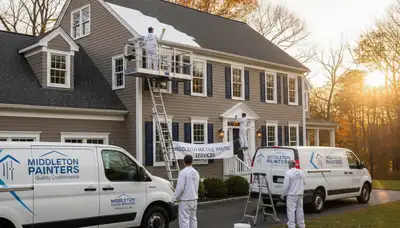 Professional house painters working on exterior home repaint in Beverly, MA