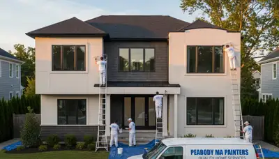 Professional house painters working on residential exterior in Beverly, MA