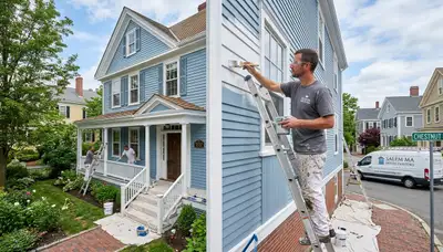 Professional house painters working on exterior home repaint in Beverly, MA