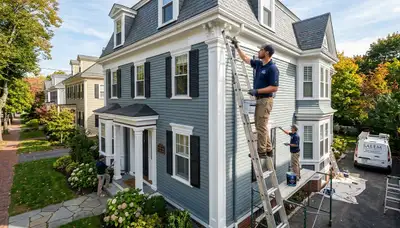 Professional house painters in Beverly MA applying exterior paint to a coastal home façade