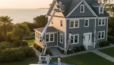 Professional house painters in Beverly MA applying exterior paint to a residential home facade