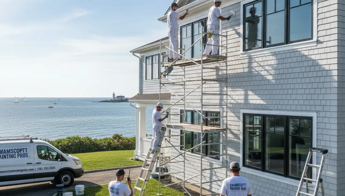 Professional house painters in Beverly MA applying exterior paint to a residential home façade
