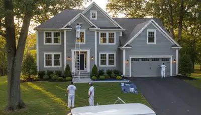 Professional house painters in Beverly MA applying exterior paint to a residential home façade