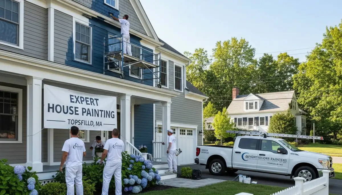Professional house painters working on exterior home painting in Beverly, MA
