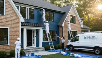 Professional house painters working on exterior home repaint in Beverly, MA