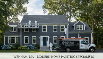 Professional house painters in Beverly MA applying exterior paint to a coastal home façade