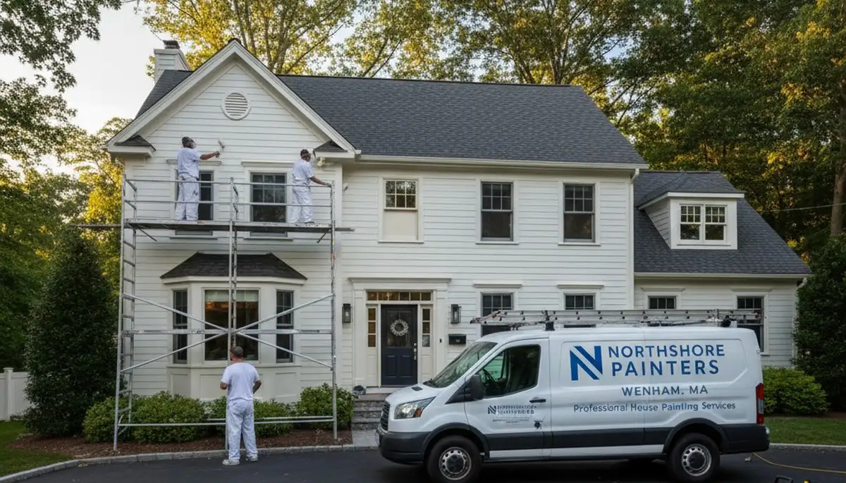 Professional house painters in Beverly MA applying exterior paint to a residential home façade