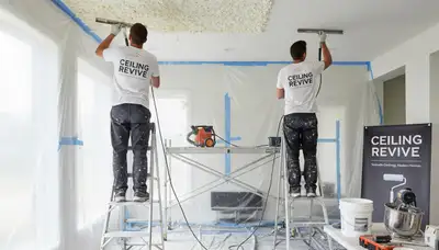 Professional popcorn ceiling removal and refinishing in Beverly, MA home interior painting project