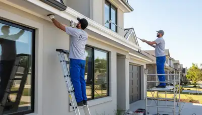 Professional trim and fascia painting on coastal home in Beverly, MA by expert house painters