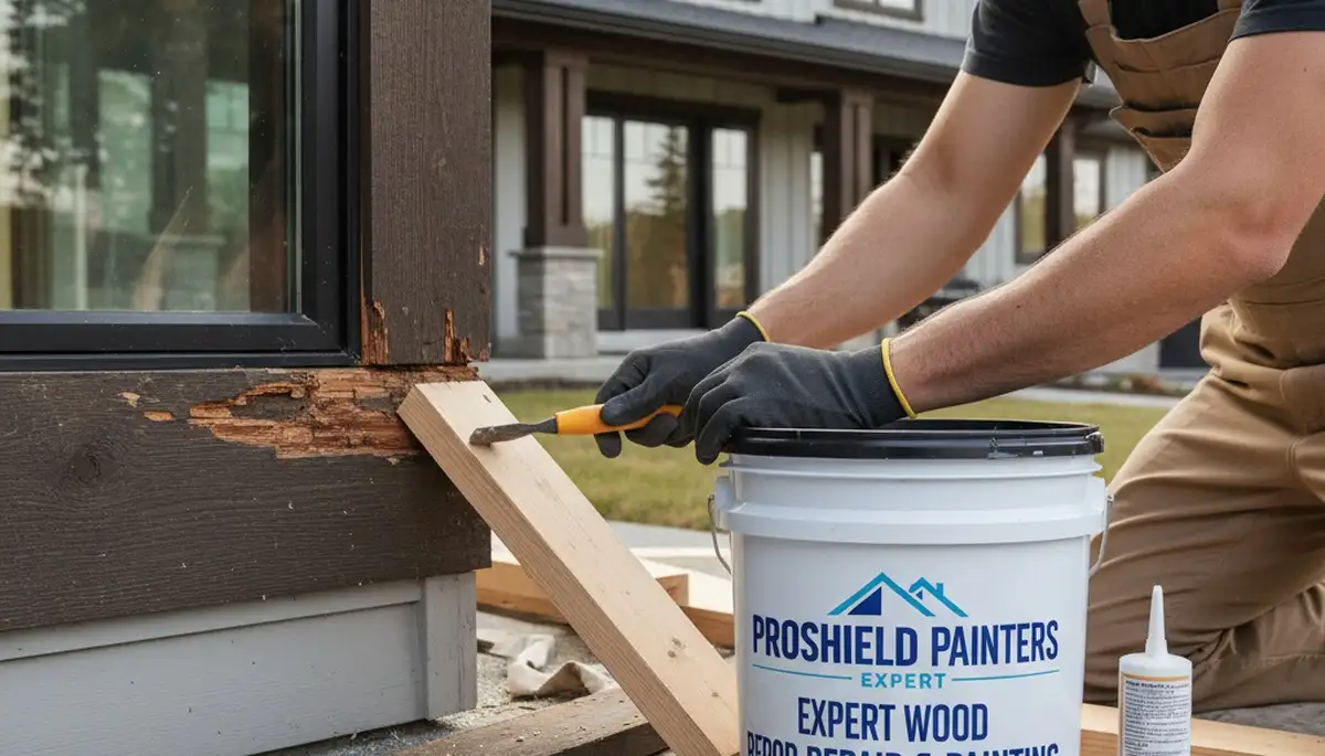 Contractor repairing wood rot on Beverly MA home exterior before painting and carpentry restoration